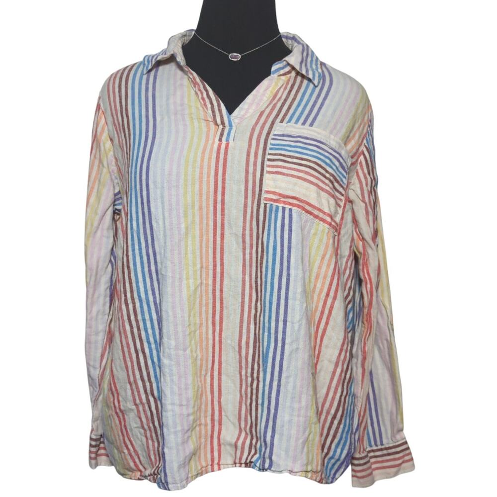 Naturals d&co Rainbow Striped Linen Blend Tunic Top Womens Large Popover Boho